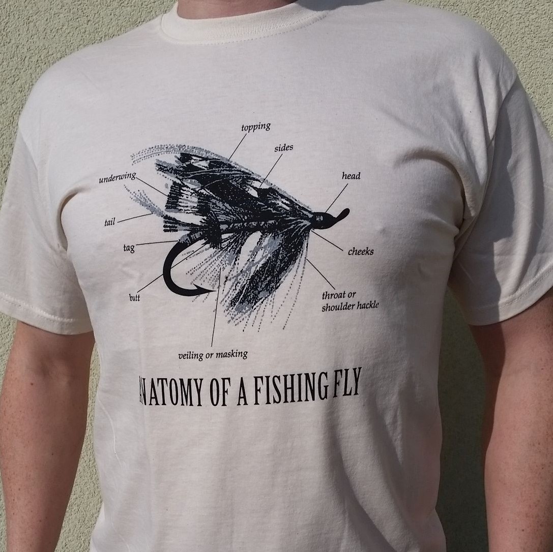 Koszulka wędkarska muchowa Anatomy of a Fishing Fly Natural dla muszkarza dla wędkarza